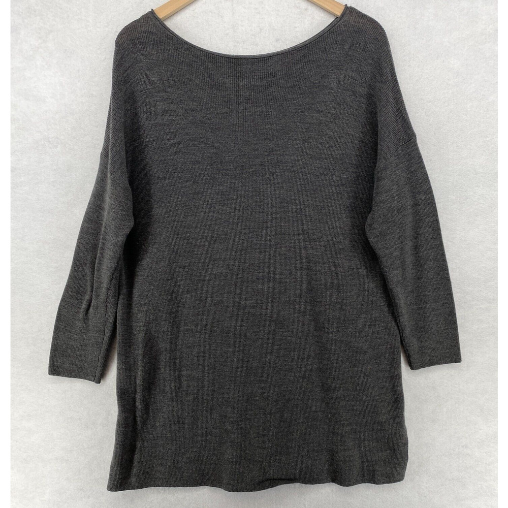 EILEEN FISHER Sweater L Merino Wool Tunic Boat Neck Long Sleeve Pullover Gray